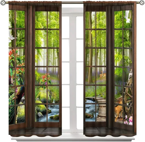 Vista 8 de Cortinas de paisaje, ventana 3D, primavera, bosque, vida silvestre, paisajes de naturaleza, dormitorio, sala de estar, cortinas térmicas opacas de 2
