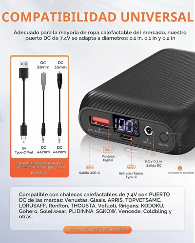 Vista 3 de Paquete de batería con chaleco calefactable, batería externa con salida USB/tipo-C/CC (3.5/3.8/4.0) y pantalla LED, para chalecos calefactados