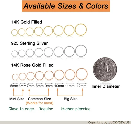 Vista 31 de LUCKYJEWUS Small Thin Gold or Sterling Silver Nose Ring Hoop for Women, Tiny Nose Piercing jewelry