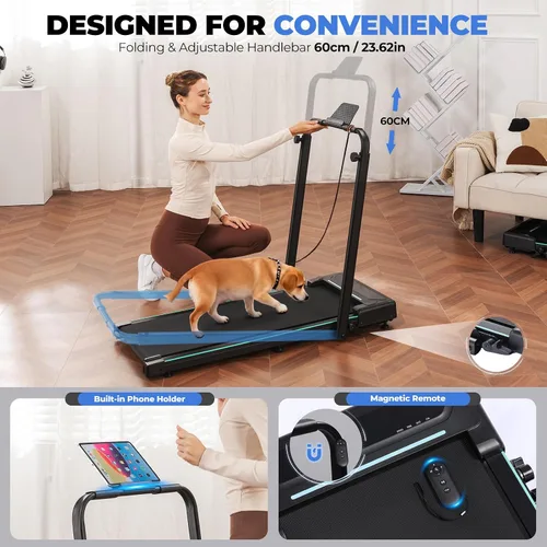 Vista 6 de GORISE Walking Pad Treadmill with Adjustable Height Handle Bar, 3HP Quiet Foldable Under Desk Treadmill, Portable Treadmills for Home 350LBS with