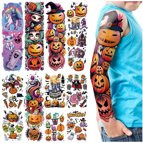 Vista 9 de 124 tatuajes temporales de Halloween que brillan en la oscuridad para niños, calcomanías de tatuaje falsas luminosas impermeables para fiesta