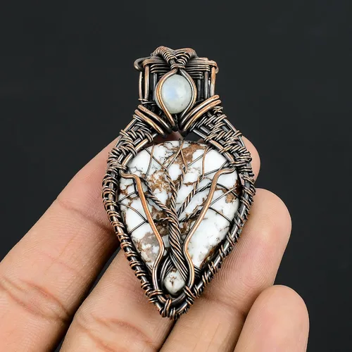 Vista 13 de Impresionante collar con colgante de árbol de la vida de cobre con piedras preciosas hechas a mano y cadena de 20 pulgadas, perfecto
