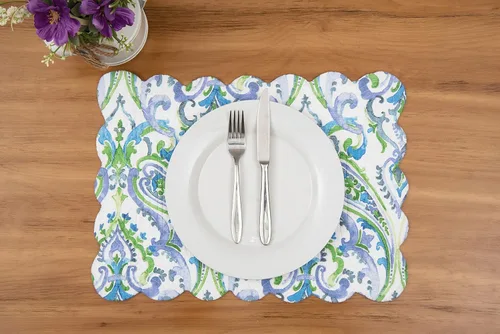 Vista 5 de C&F Home Juliet - Juego de 6 manteles individuales rectangulares acolchados reversibles con patrón de cachemira azul, verde y blanco