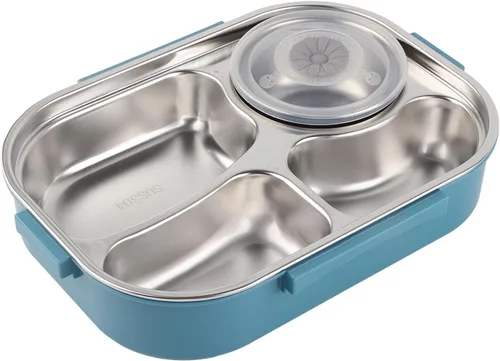 Vista 3 de Yosoo Lonchera de acero inoxidable, caja Bento portátil de 4 rejillas, contenedor de almacenamiento de alimentos para adultos, la tapa contiene Azul