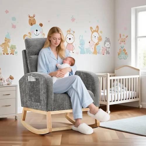 Vista 7 de Mecedora moderna para guardería, tapizada de lino con respaldo de 26 pulgadas de alto, asiento acolchado para sala de estar, dormitorio, lectura