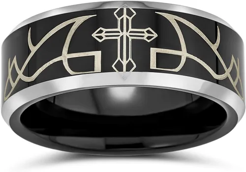Vista 3 de Laser Etched Catholic Religious Black Christ Thorn Cross Titanium Band Ring For Men Comfort Fit 8MM