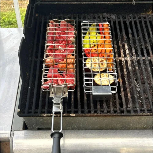 Vista 8 de Cesta de parrilla de acero inoxidable, rectangular, negra, perfecta para asar al aire libre, verduras, pescado, camarones, brochetas