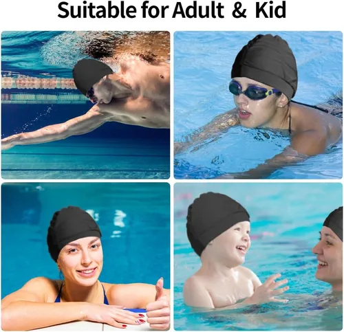 Vista 3 de 2 gorras de natación de tela para mujer, tela duradera, no impermeable, elástica, gorra de baño para cabello largo