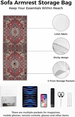 Vista 2 de Organizador de reposabrazos para sofá, organizador de mesita de noche, soporte de control remoto para sofá, bohemio, antideslizante, diseño étnico