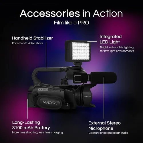 Vista 4 de Minolta Cámara de video de enfoque automático de 64 MP con micrófono y luz de video, pantalla táctil de 4 pulgadas, video 4K Ultra HD, zoom digital