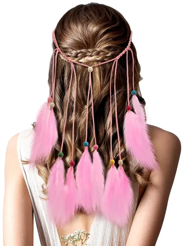 Vista 9 de XunYee - Diadema de plumas, mediana, estilo borla, color beige