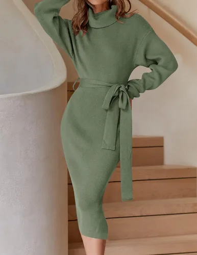 Vista 30 de ZESICA - Vestido por debajo de la rodilla de suéter, de cuello alto, para mujer, de manga larga, de punto acanalado, con abertura y cinturón