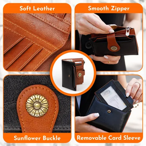 Vista 4 de Cartera pequeña para mujer, con bloqueo RFID, de piel suave, plegable, compacta, tarjetero para mujer, con bolsillo con cremallera, color negro
