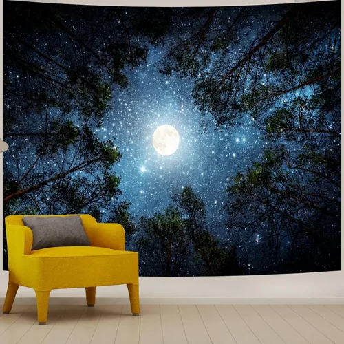 Vista 13 de Apdidl Tapiz estrellado de galaxia forestal para techo de dormitorio, espacio azul, cielo estrellado, luna, estrellas, tapiz estético, telón