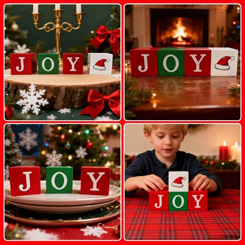 Vista 4 de 4 piezas de decoración de mesa de Navidad para interiores, bloques de madera, letreros rojos, verdes y blancos, centros de mesa de Navidad