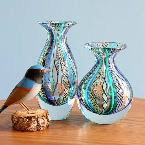 Vista 4 de Ca D Oro Par de Jarrones Pequeños de Vidrio Boho con Cañas Azules/Verdes Vidrio Arte Murano Soplado a Mano - Modelos Nº 2/3