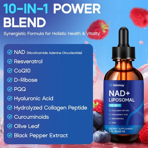 Vista 4 de Suplemento líquido liposomal NAD – 1500 mg NAD+ gotas para mujeres y hombres con resveratrol y ribósido de nicotinamida, PQQ, colágeno y cúrcuma