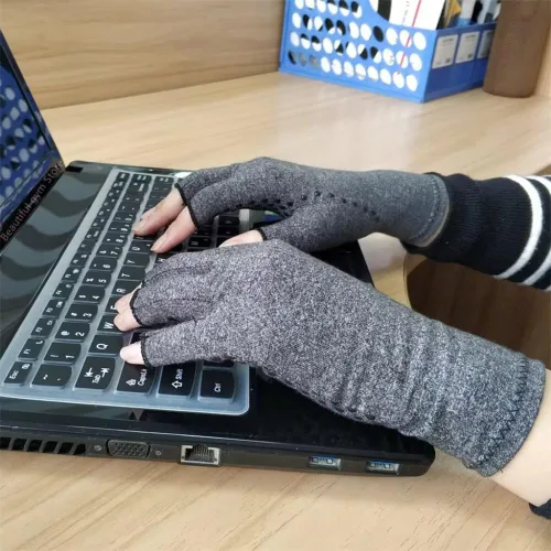 Vista 4 de Guantes de compresión elásticos sin dedos para aliviar el dolor de manos con pantalla táctil, guantes de compresión de medio dedo, guantes
