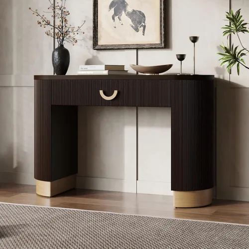 Vista 13 de Mesa consola moderna con diseño acanalado vertical, mesa de entrada de almacenamiento compacta con cajón funcional para sala de estar Negro-ww33