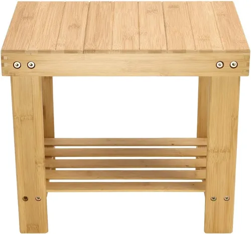 Vista 8 de Taburete de bambú KKTONER con banco de ducha y almacenamiento con estante, silla de pie para baño, sala de estar, dormitorio, color natural