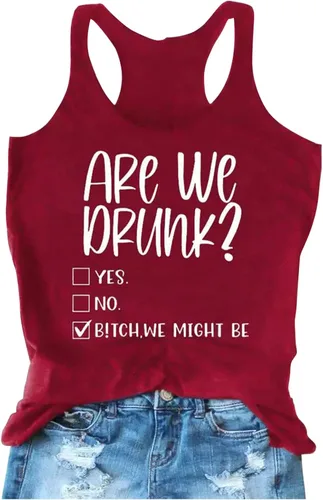 Vista 4 de Camiseta sin mangas con espalda cruzada para mujer, con texto en inglés "Am I Drunk", con texto en inglés "Am I Drunk" Azul