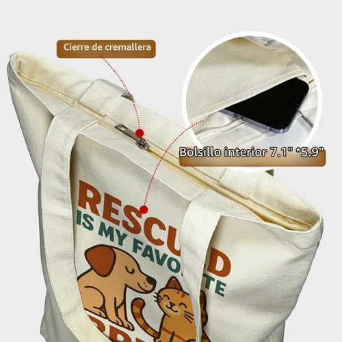 Vista 4 de itgowisa Bolsa de lona reutilizable con cremallera y asas, bolsillo grueso, para compras, compras, playa, regalo Adoptdontshop