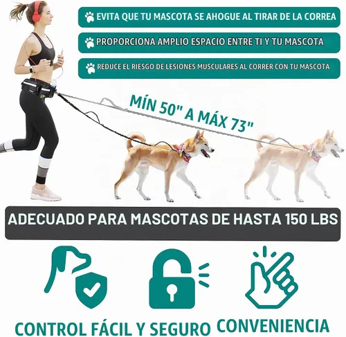 Vista 5 de Correa para perro PetAmi manos libres, correa para correr con bolsa para la cintura, para caminar, trotar, doble bolsillo con cremallera