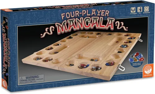 Vista 2 de MindWare Juego de mesa Mancala de madera para 4 jugadores con tablero plegable y mudadores de piedra Mancala - 2 a 4 jugadores