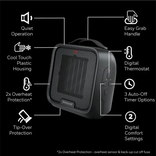 Vista 4 de Calentador de espacio de cerámica Honeywell UberHeat Plus para habitaciones pequeñas, silencioso, compacto calentador personal con configuraciones