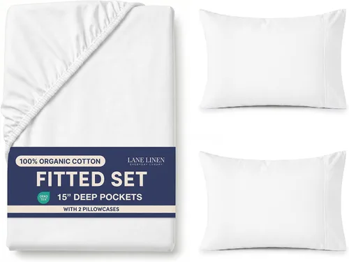 Vista 42 de LANE LINEN - Sábana bajera tamaño individual 100% algodón orgánico y 1 funda de almohada, tejido de percal suave, transpirable, apta para colchones