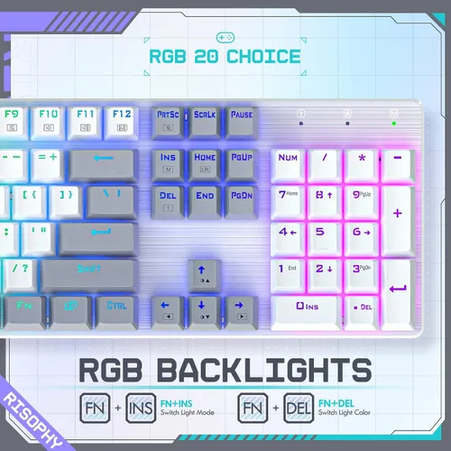 Vista 6 de Teclado mecánico inalámbrico, triple modo 2.4GUSB-CBluetooth para juegos, 104 teclas programables, retroiluminación RGB personalizable, interruptor