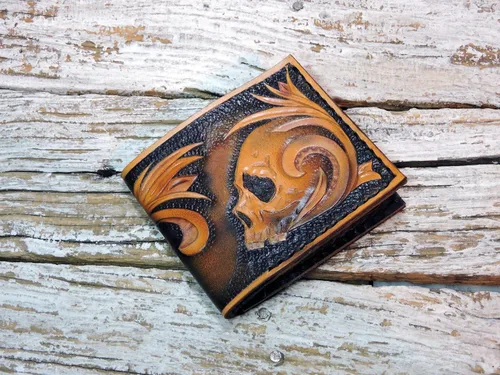 Vista 5 de Men's 3D Genuine Leather Wallet, Hand-Carved, Hand-Painted, Leather Carving, Custom wallet, Personalized wallet, Native American wallet, Skull, Red