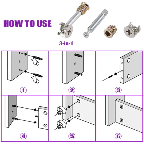 Vista 6 de Kit de tornillos de cuna de conexión de tuerca 3 en 1, accesorio de leva con montaje excéntrico para muebles, conexión lateral de muebles, tornillo