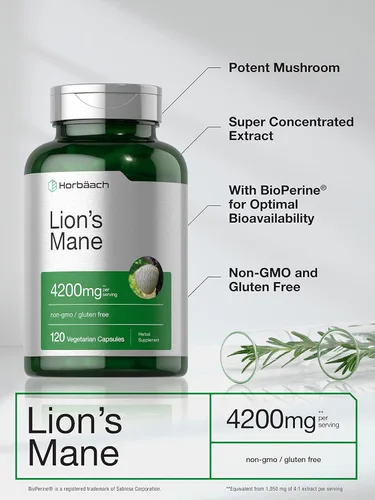 Vista 9 de Horbäach extracto de hongo melena de león 4200mg 120 cápsulas suplemento vegetariano, no transgénico, sin gluten