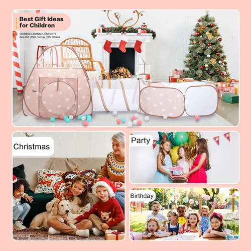 Vista 6 de GeerWest Tienda de campaña 3 en 1 para niños: con pozo de pelotas para bebés y túnel de juego, casa de juegos para interiores y exteriores con túnel