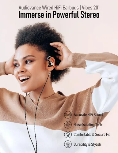 Vista 2 de Audiovance Vibes 201M - Auriculares con cable intrauditivos con micrófono, auriculares HiFi con cancelación de ruido y graves potentes, cable 3.5mm