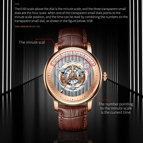 Vista 4 de GLENAW Automatic Watches for Men, Waterproof Watches for Men Dial Leather Band Skeleton Mechanical Watch 3 Transparent Hour Hand Wave