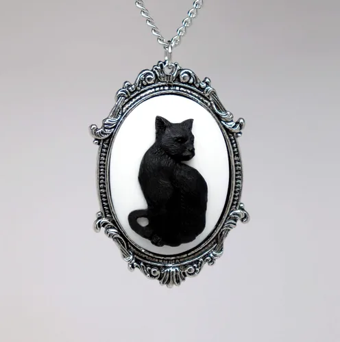 Vista 6 de Real Metal Juego de camafeo de gato negro en plata acabado estaño marco gótico colgante collar, Metal