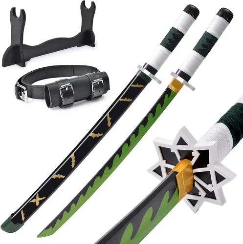 Vista 15 de Demon Slayer - Espada para niños de 31 pulgadas, hoja de bambú con cinturón y soporte de espada, espada de anime de textura original, Katana Demon
