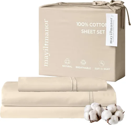 Vista 24 de Sábanas de Cama de Algodón 100% Natural Juego de Sábanas Twin de Tejido Satinado de Una Sola Capa de 500 TC Ropa de Cama Sólida Suave