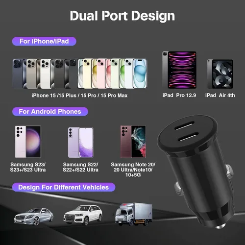 Vista 6 de Cargador de coche para iPhone 17 16 15 de carga rápida, cargador de coche USB C de doble puerto de 40 W con 2 cables USB C de 3 pies, adaptador