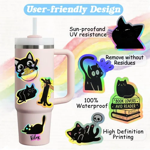 Vista 2 de 110 calcomanías holográficas de gato negro, divertidas y lindas calcomanías de vinilo de gato vacío, calcomanías impermeables con brillo de arcoíris