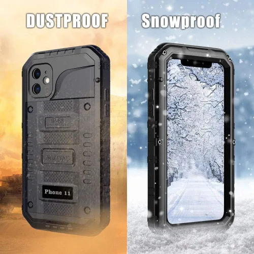 Vista 6 de Beasyjoy Funda impermeable de metal para iPhone 11, resistente, a prueba de golpes, a prueba de polvo, protección resistente, pantalla incorporada