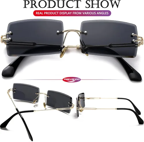 Vista 5 de AIEYEZO Gafas de sol rectangulares sin montura para mujeres y hombres, a la moda, vintage, sin marco, lentes gruesas, lentes de protección UV