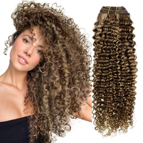 Vista 31 de Hetto . Extensiones de cabello humano rizado con clip, color #1 negro azabache, extensiones de cabello humano ondulado natural para cabeza completa