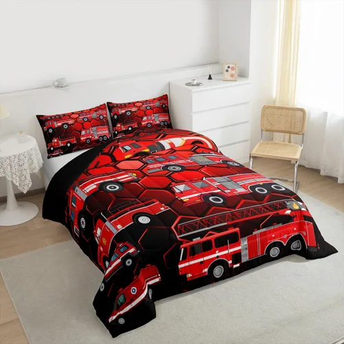 Vista 4 de Erosebridal Juego de edredón de camión de bomberos para niños, juego de ropa de cama de panal rojo brillante con diseño de panal de abeja