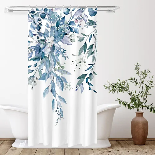 Vista 115 de Tititex - Juego de cortinas de ducha de eucalipto negro, hojas de acuarela gris en la parte superior, con decoración floral de baño, 60 x 72