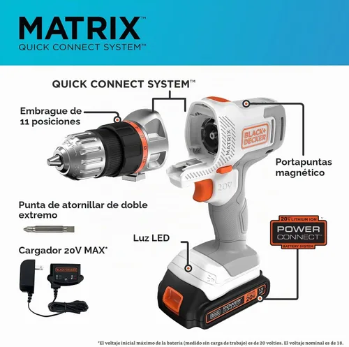 Vista 2 de BLACK+DECKER Kit de taladro/destornillador inalámbrico 20V MAX Matrix, blanco (BDCDMT120WC1FF)
