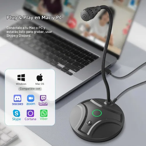 Vista 4 de Micrófono USB para computadora Plug & Play, cuello de cisne flexible y botón de silencio LED, micrófono de escritorio para juegos, YouTube
