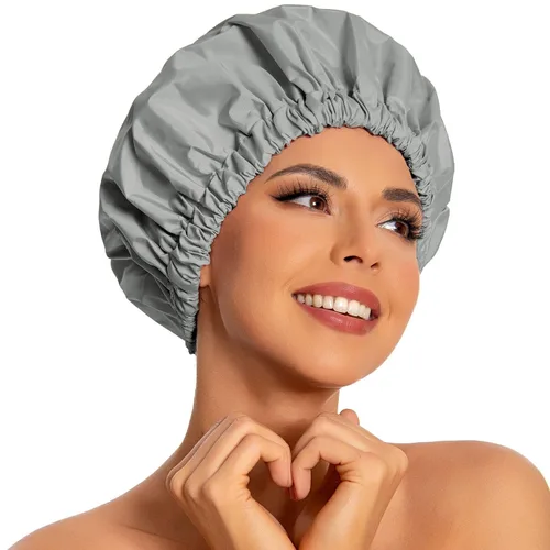 Vista 17 de Gorro de ducha reutilizable para mujer, grande, impermeable, lavable, banda elástica, accesorios de baño, sombrero para cabello largo, trenzas Beige